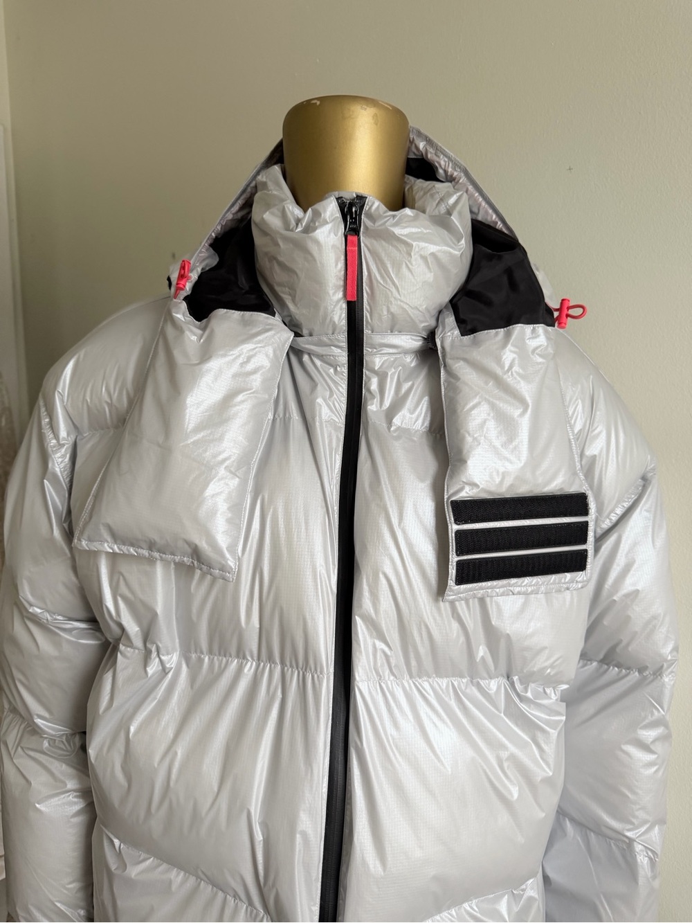 adidas Silver Puffer Jacket with Black Trim and Pink Accents